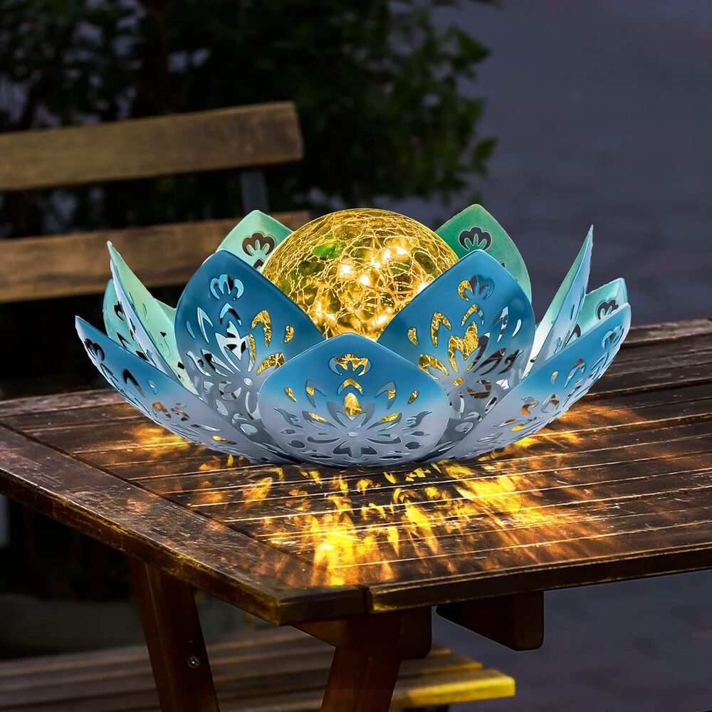 Solar Lights Bright Blue Lotus Flower Lamp, Glass Globe 30 LED Waterproof Metal